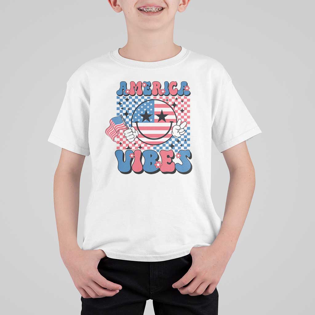 American Vibes T Shirt For Kid Retro Groovy USA Pride Flag 4th Of July - Wonder Print Shop