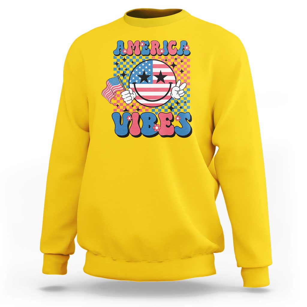 American Vibes Sweatshirt Retro Groovy USA Pride Flag 4th Of July - Wonder Print Shop