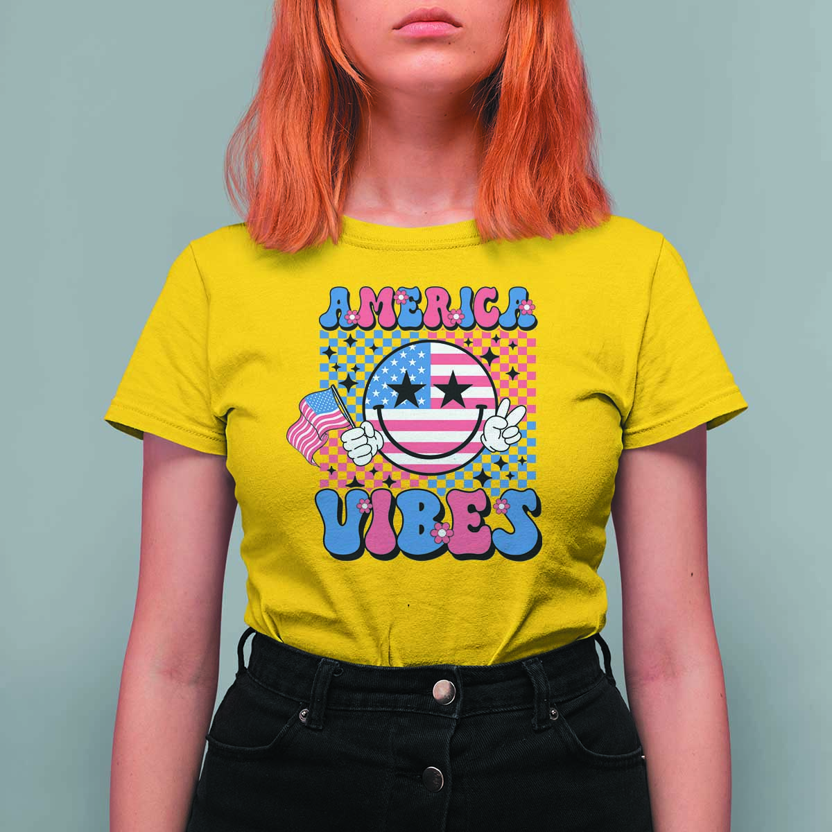 American Vibes T Shirt For Women Retro Groovy USA Pride Flag 4th Of July - Wonder Print Shop