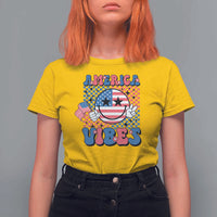 American Vibes T Shirt For Women Retro Groovy USA Pride Flag 4th Of July - Wonder Print Shop