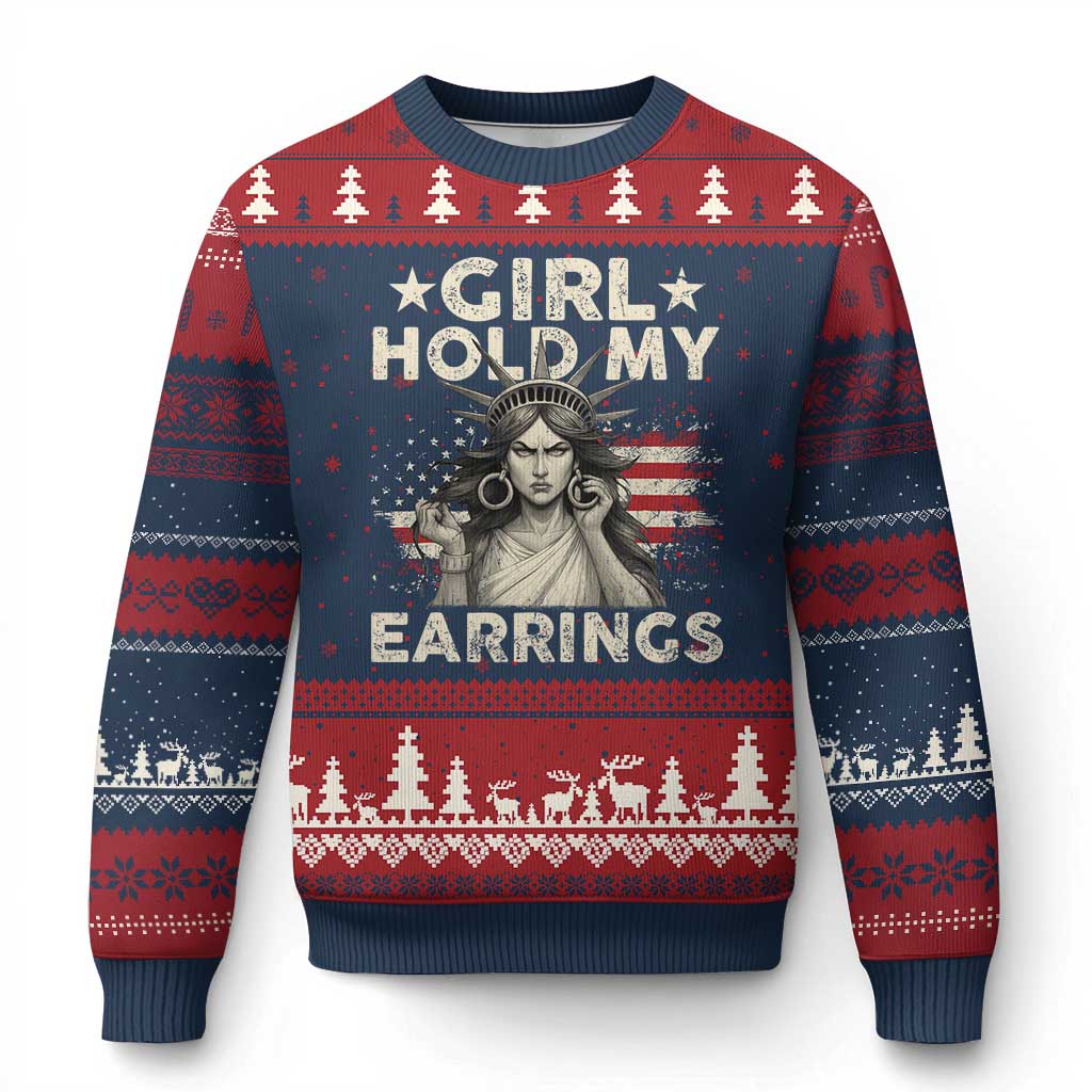 Funny Girl Hold My Earrings Ugly Christmas Sweater Statue of Liberty American Flag - Wonder Print Shop