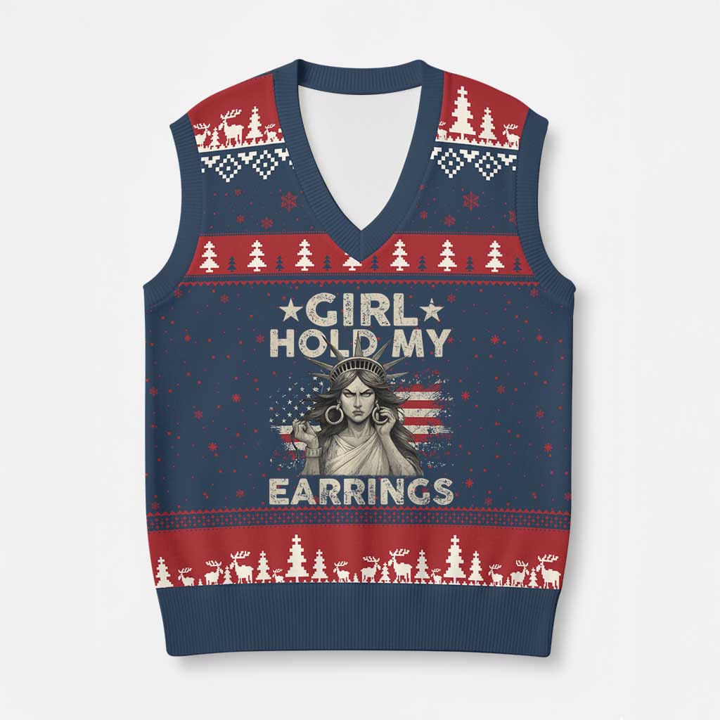 Funny Girl Hold My Earrings V-Neck Knit Sweater Vest Statue of Liberty American Flag - Wonder Print Shop