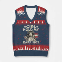 Funny Girl Hold My Earrings V-Neck Knit Sweater Vest Statue of Liberty American Flag - Wonder Print Shop