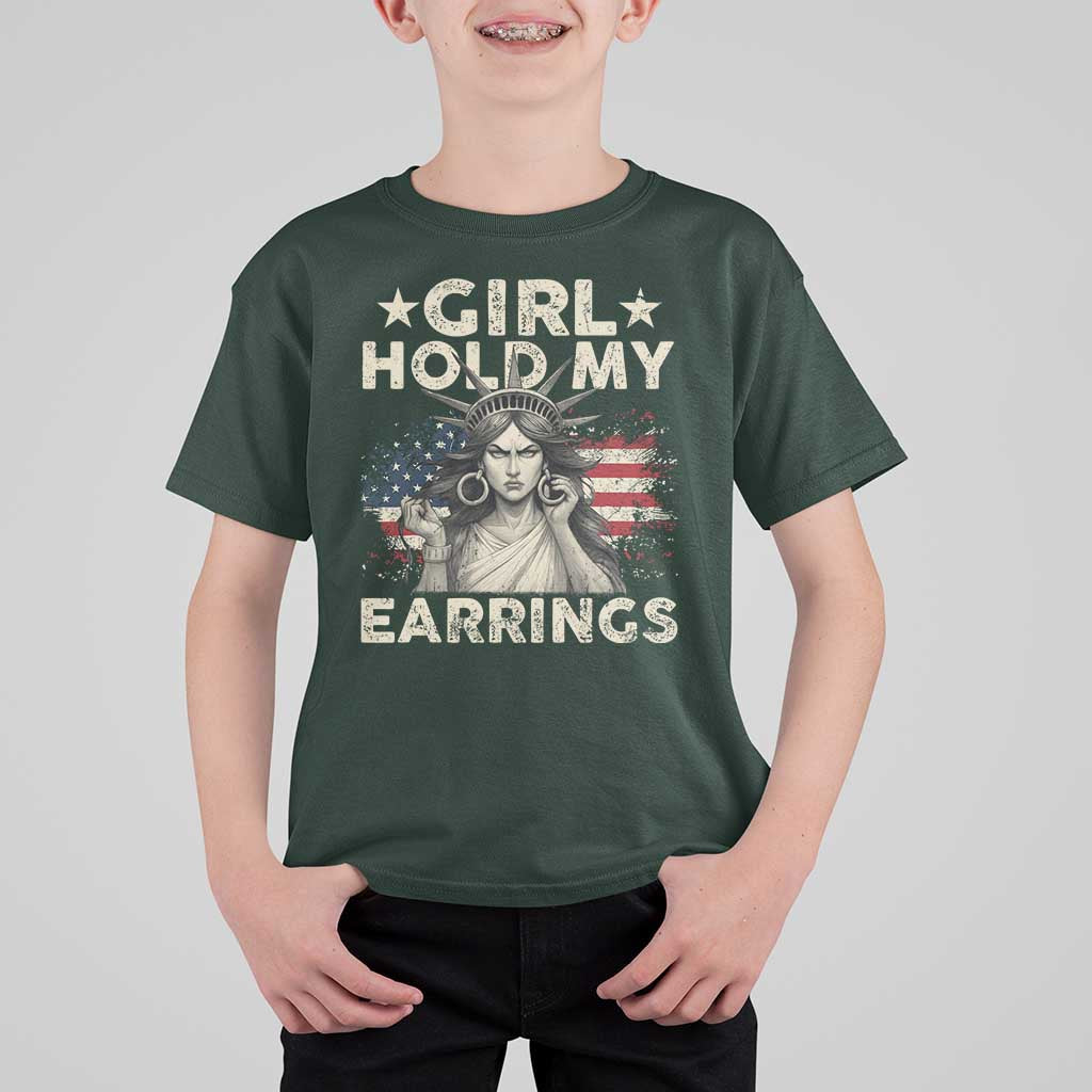 Funny Girl Hold My Earrings T Shirt For Kid Statue of Liberty American Flag - Wonder Print Shop
