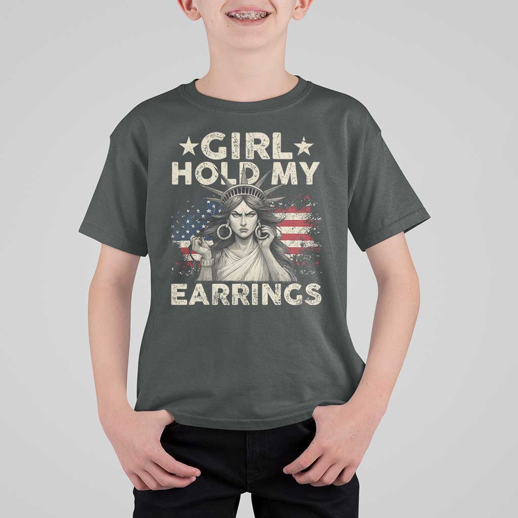Funny Girl Hold My Earrings T Shirt For Kid Statue of Liberty American Flag - Wonder Print Shop