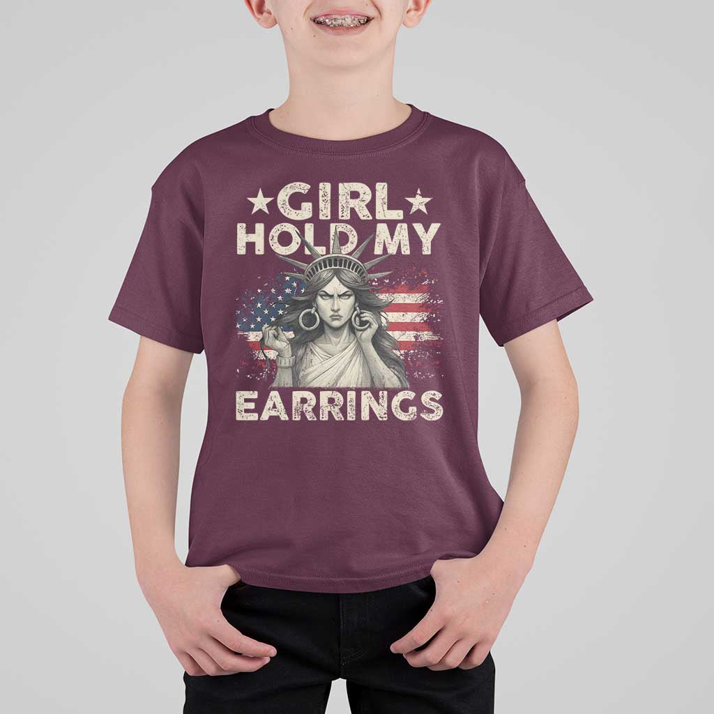 Funny Girl Hold My Earrings T Shirt For Kid Statue of Liberty American Flag - Wonder Print Shop