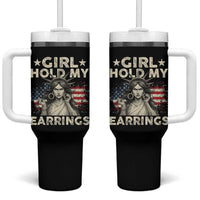 Funny Girl Hold My Earrings Tumbler With Handle Statue of Liberty American Flag - Wonder Print Shop