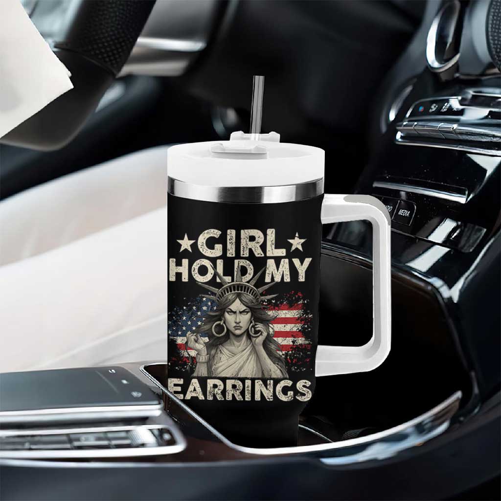 Funny Girl Hold My Earrings Tumbler With Handle Statue of Liberty American Flag - Wonder Print Shop