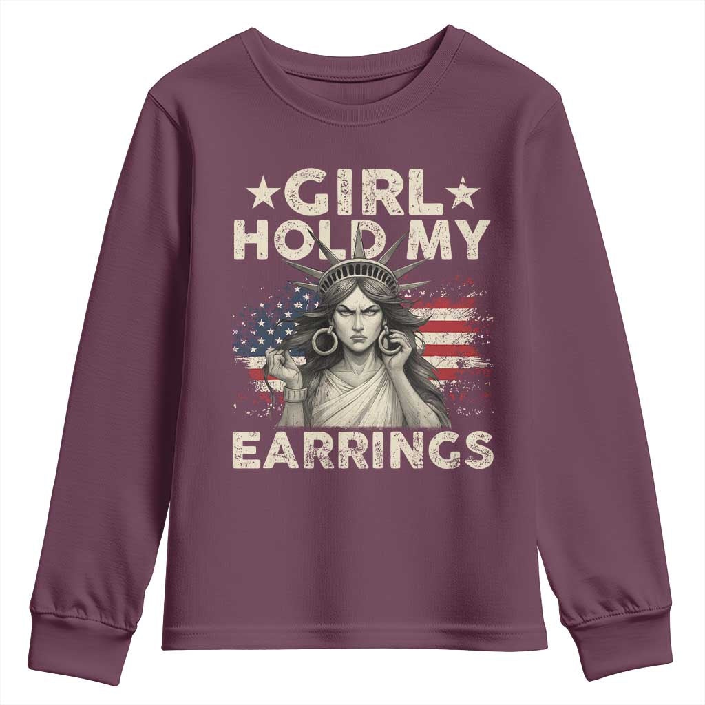 Funny Girl Hold My Earrings Youth Sweatshirt Statue of Liberty American Flag - Wonder Print Shop