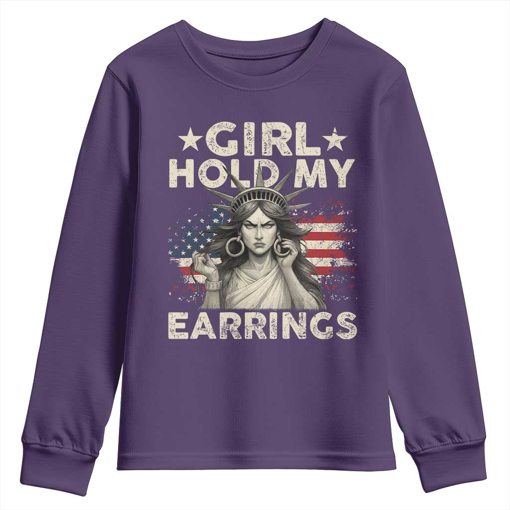 Funny Girl Hold My Earrings Youth Sweatshirt Statue of Liberty American Flag - Wonder Print Shop