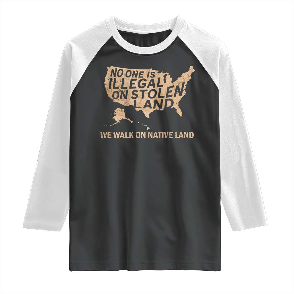 No One Is Illegal On Stolen Land Raglan Shirt We Walk On Native Land Vintage American Map - Wonder Print Shop