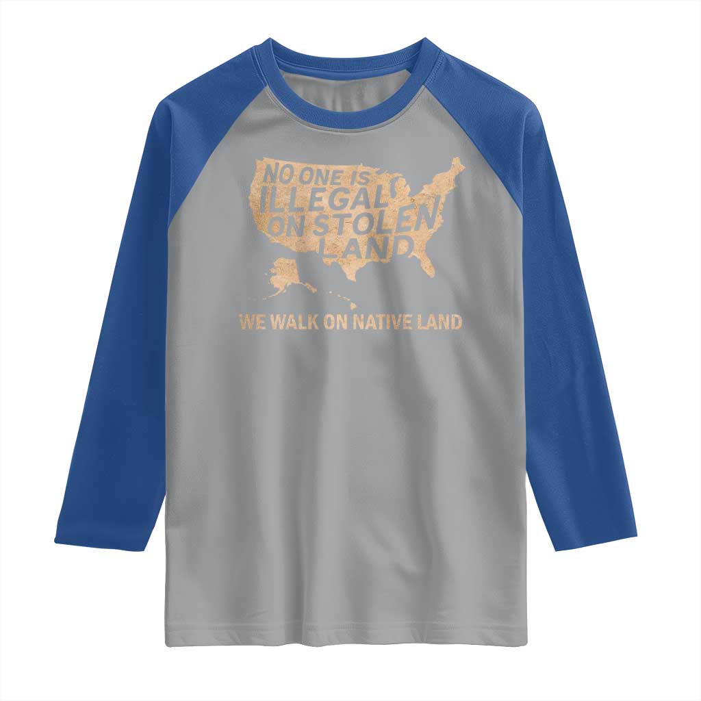 No One Is Illegal On Stolen Land Raglan Shirt We Walk On Native Land Vintage American Map - Wonder Print Shop