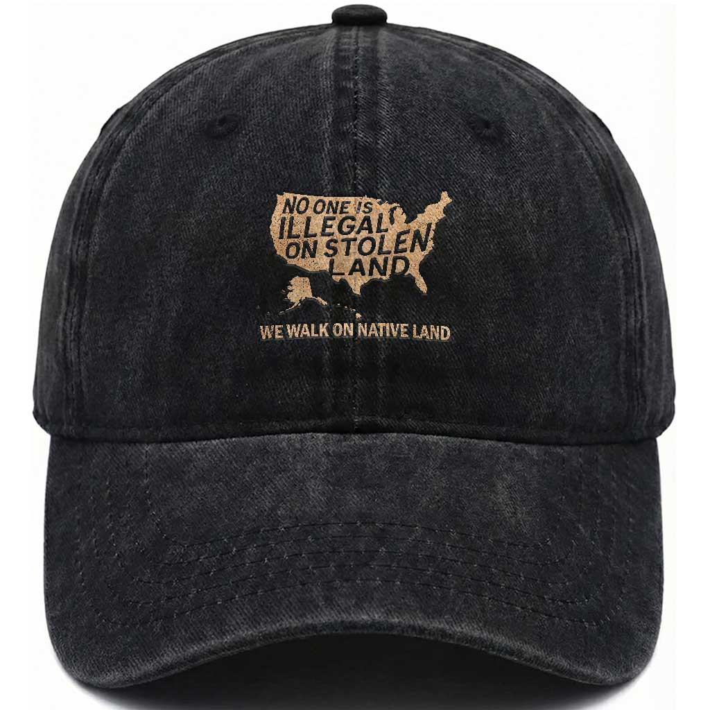 No One Is Illegal On Stolen Land Washed Cotton Baseball Cap We Walk On Native Land Vintage American Map