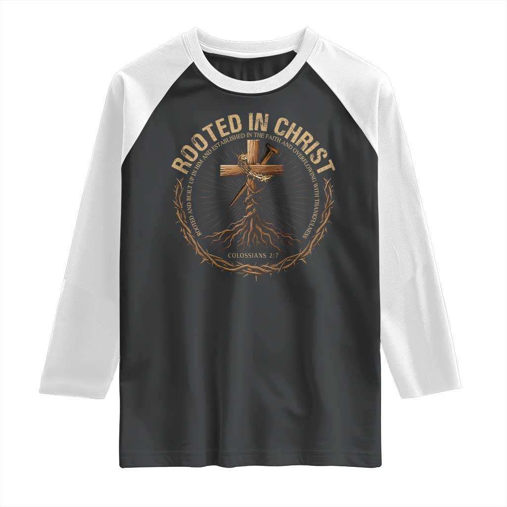 Rooted In Christ Raglan Shirt Jesus Christian Cross Bible Verse - Wonder Print Shop