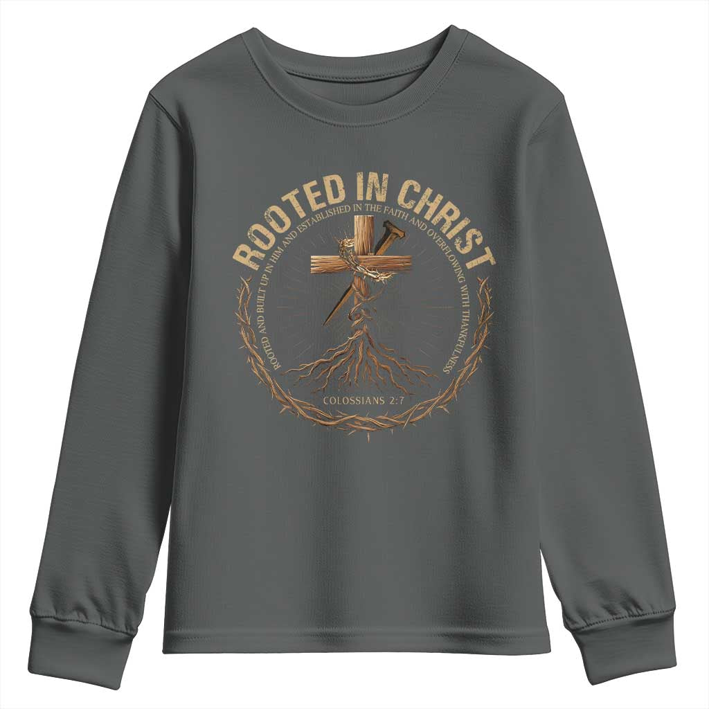 Rooted In Christ Youth Sweatshirt Jesus Christian Cross Bible Verse - Wonder Print Shop