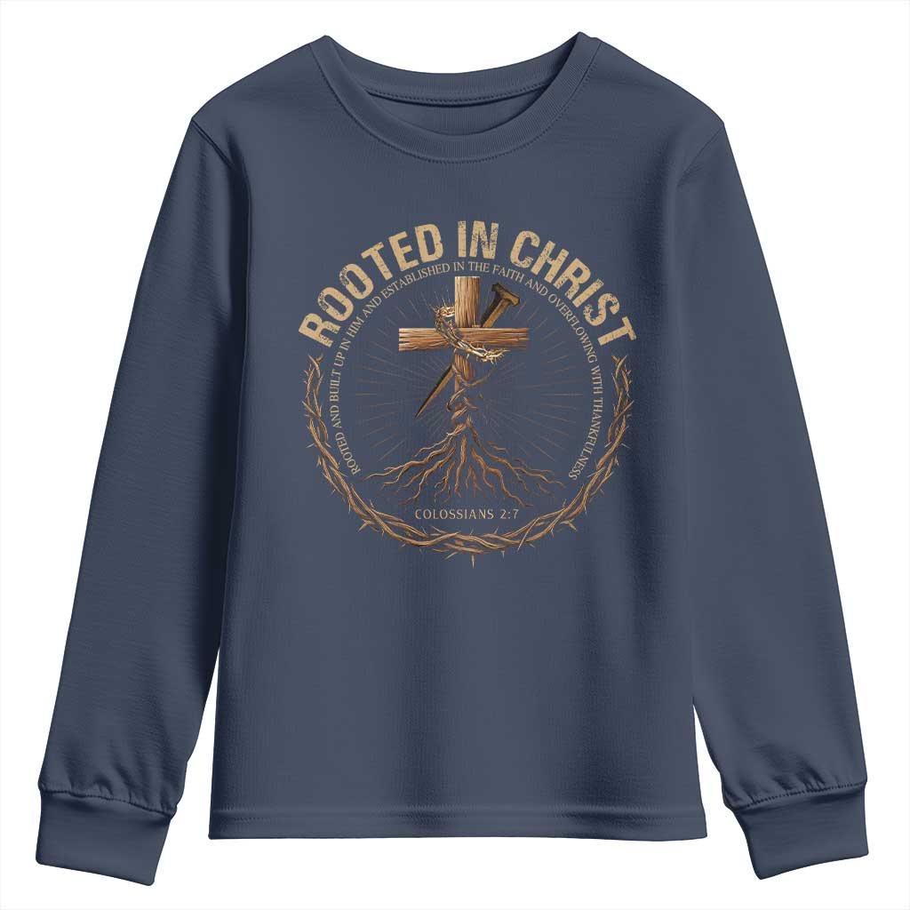 Rooted In Christ Youth Sweatshirt Jesus Christian Cross Bible Verse - Wonder Print Shop