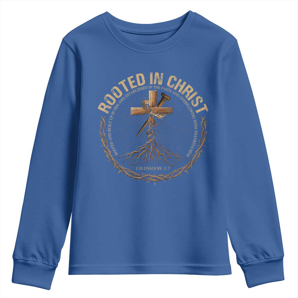 Rooted In Christ Youth Sweatshirt Jesus Christian Cross Bible Verse - Wonder Print Shop
