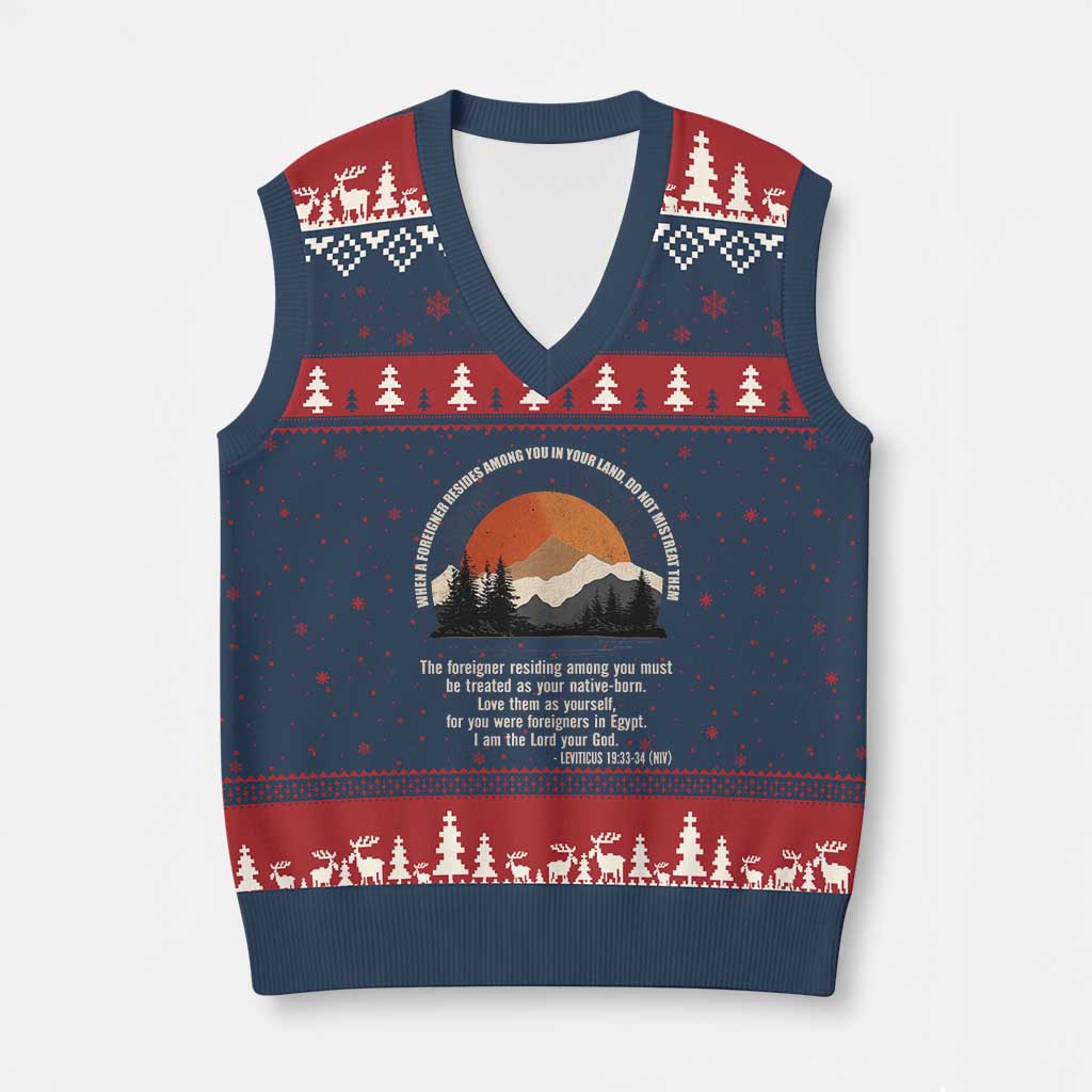When A Foreigner Resides Among You In Your Land Do Not Mistreat Them V-Neck Knit Sweater Vest Leviticus Bible Verse - Wonder Print Shop