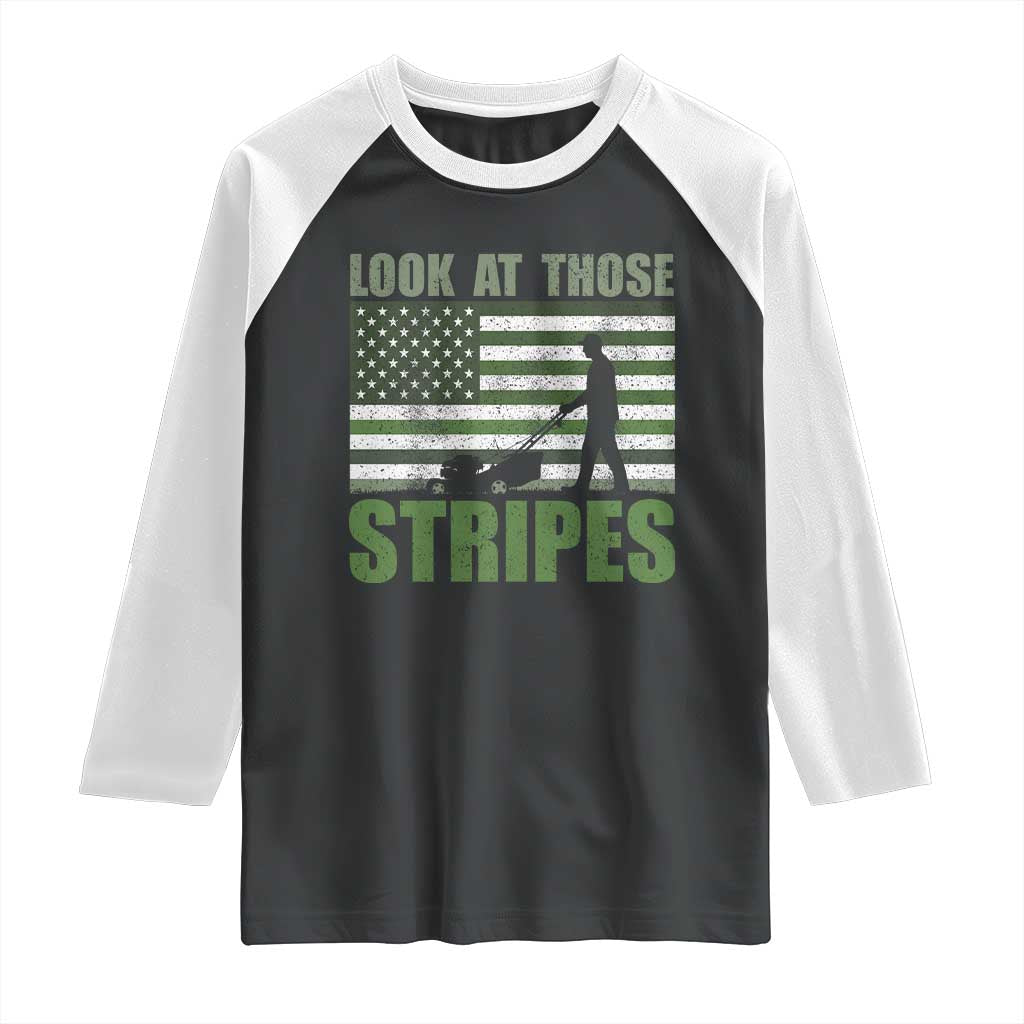 Funny Gardening Lawn Mower Raglan Shirt Look At Those Stripes American Flag - Wonder Print Shop