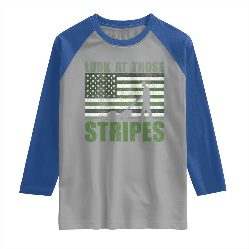 Funny Gardening Lawn Mower Raglan Shirt Look At Those Stripes American Flag - Wonder Print Shop