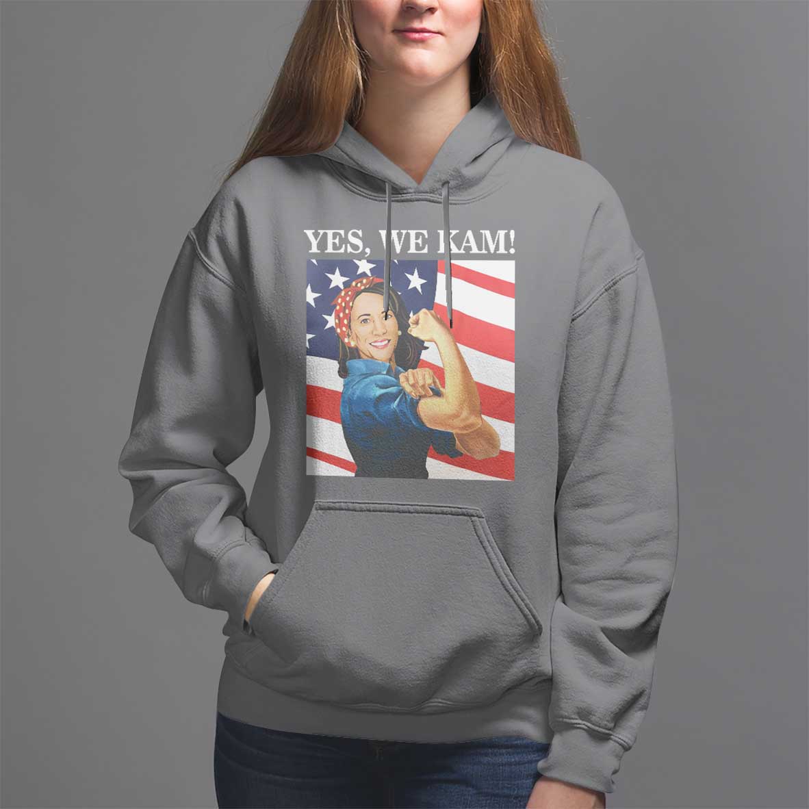 Harris 2024 Hoodie Yes We Kam Strong Woman American Flag - Wonder Print Shop