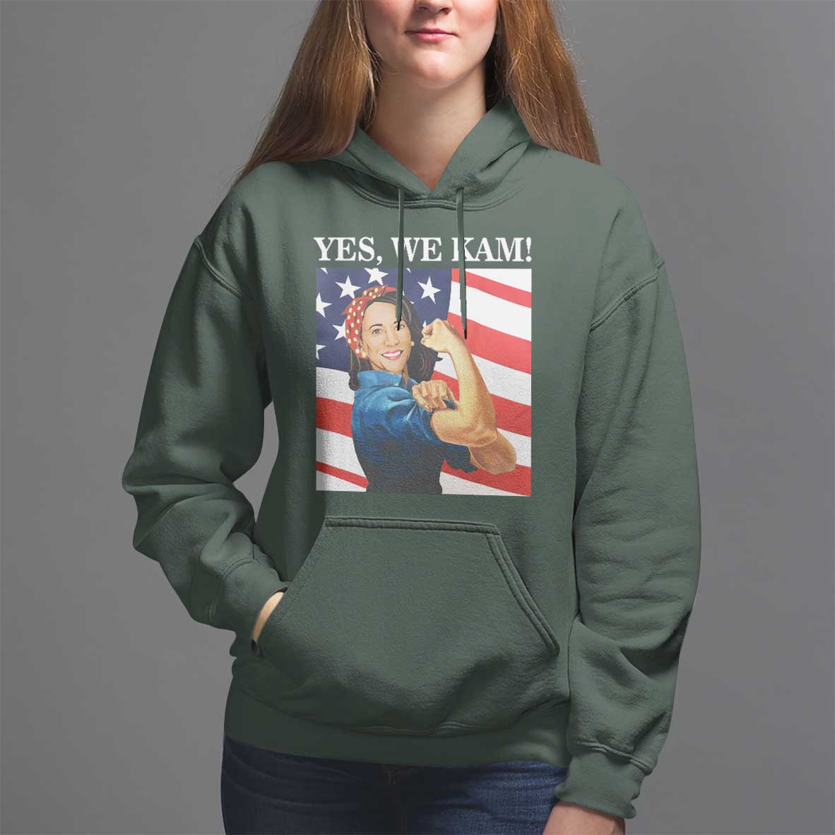 Harris 2024 Hoodie Yes We Kam Strong Woman American Flag - Wonder Print Shop