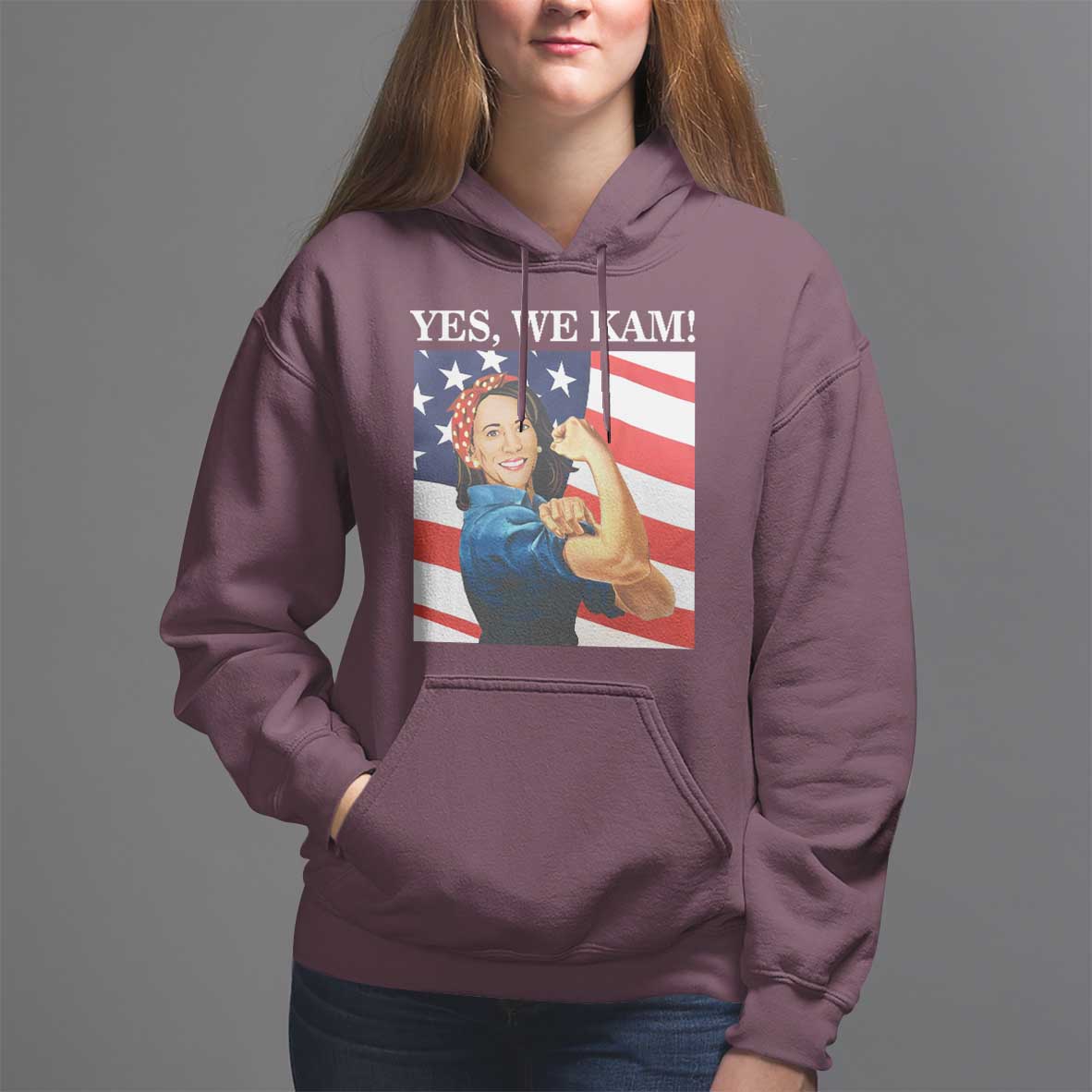 Harris 2024 Hoodie Yes We Kam Strong Woman American Flag - Wonder Print Shop