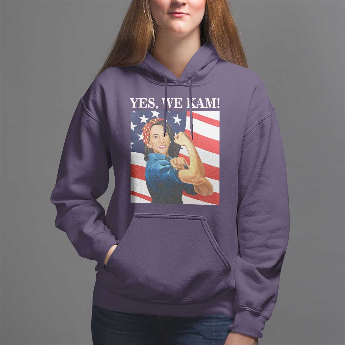 Harris 2024 Hoodie Yes We Kam Strong Woman American Flag - Wonder Print Shop