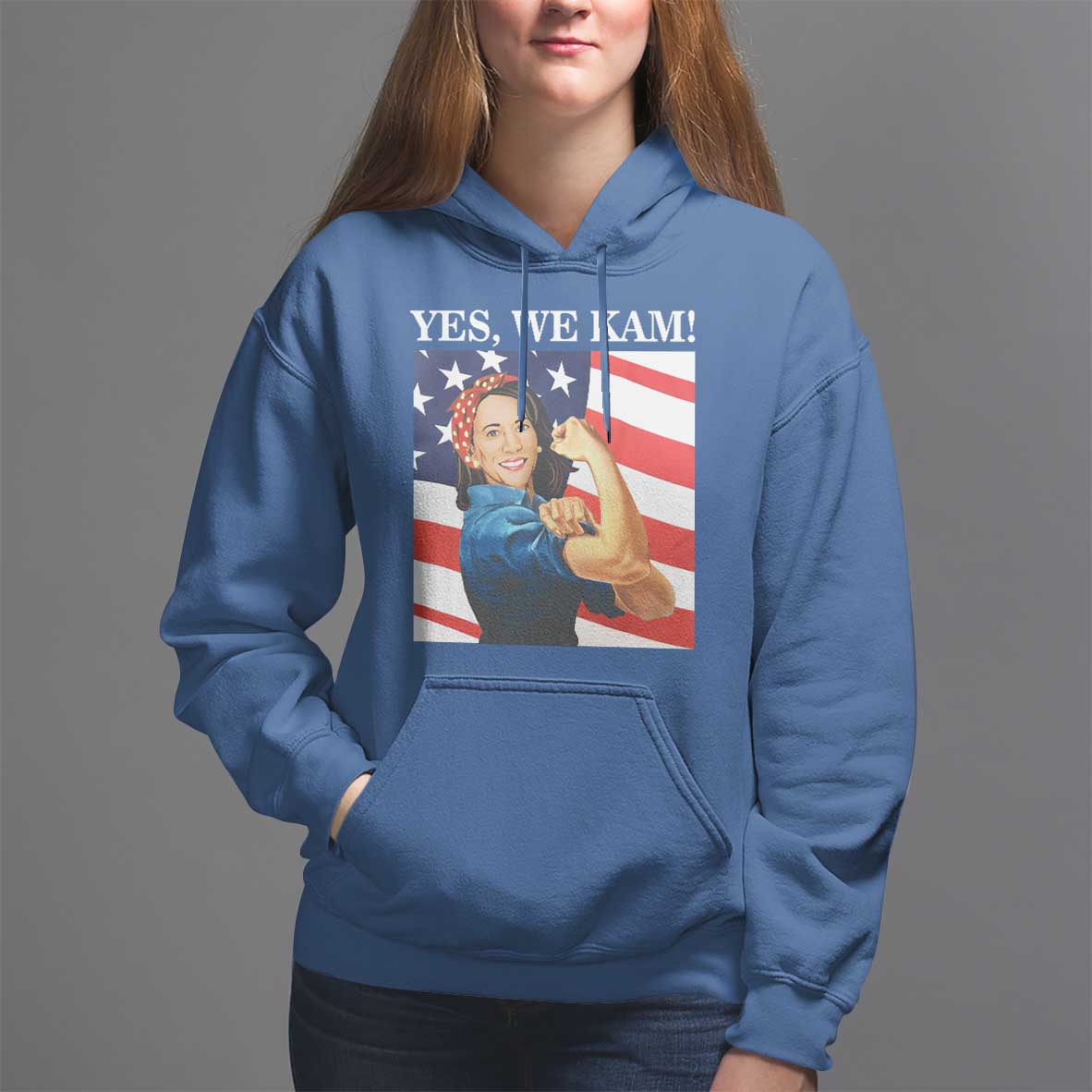 Harris 2024 Hoodie Yes We Kam Strong Woman American Flag - Wonder Print Shop