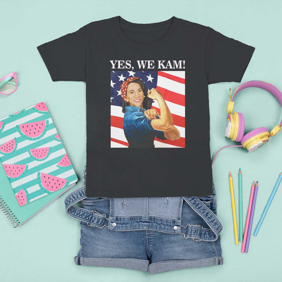 Harris 2024 T Shirt For Kid Yes We Kam Strong Woman American Flag - Wonder Print Shop