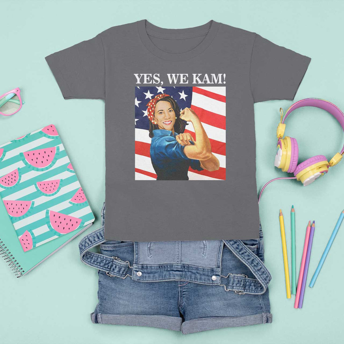 Harris 2024 T Shirt For Kid Yes We Kam Strong Woman American Flag - Wonder Print Shop