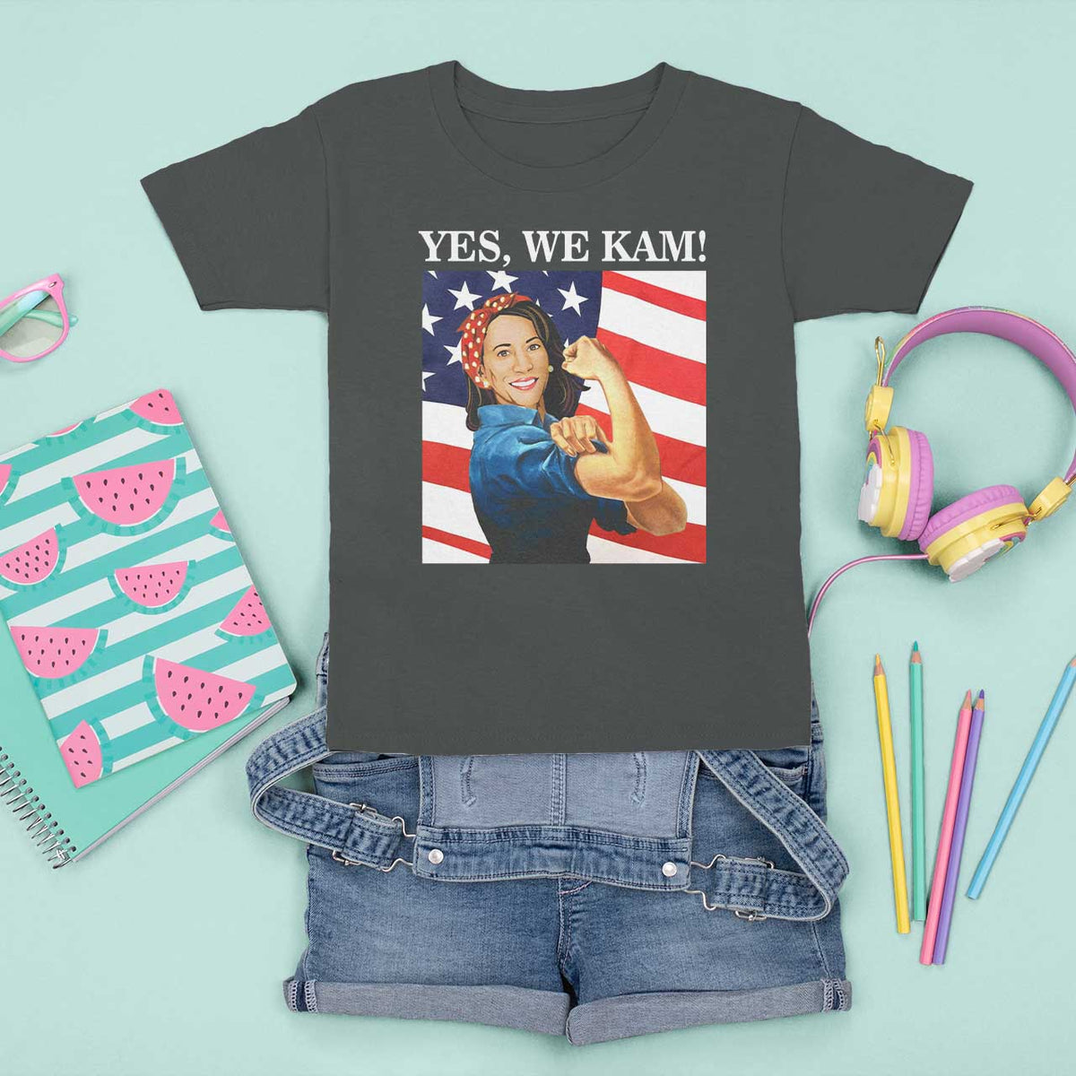 Harris 2024 T Shirt For Kid Yes We Kam Strong Woman American Flag - Wonder Print Shop