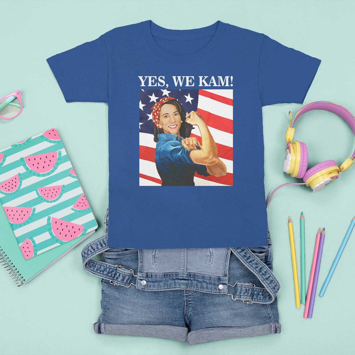 Harris 2024 T Shirt For Kid Yes We Kam Strong Woman American Flag - Wonder Print Shop