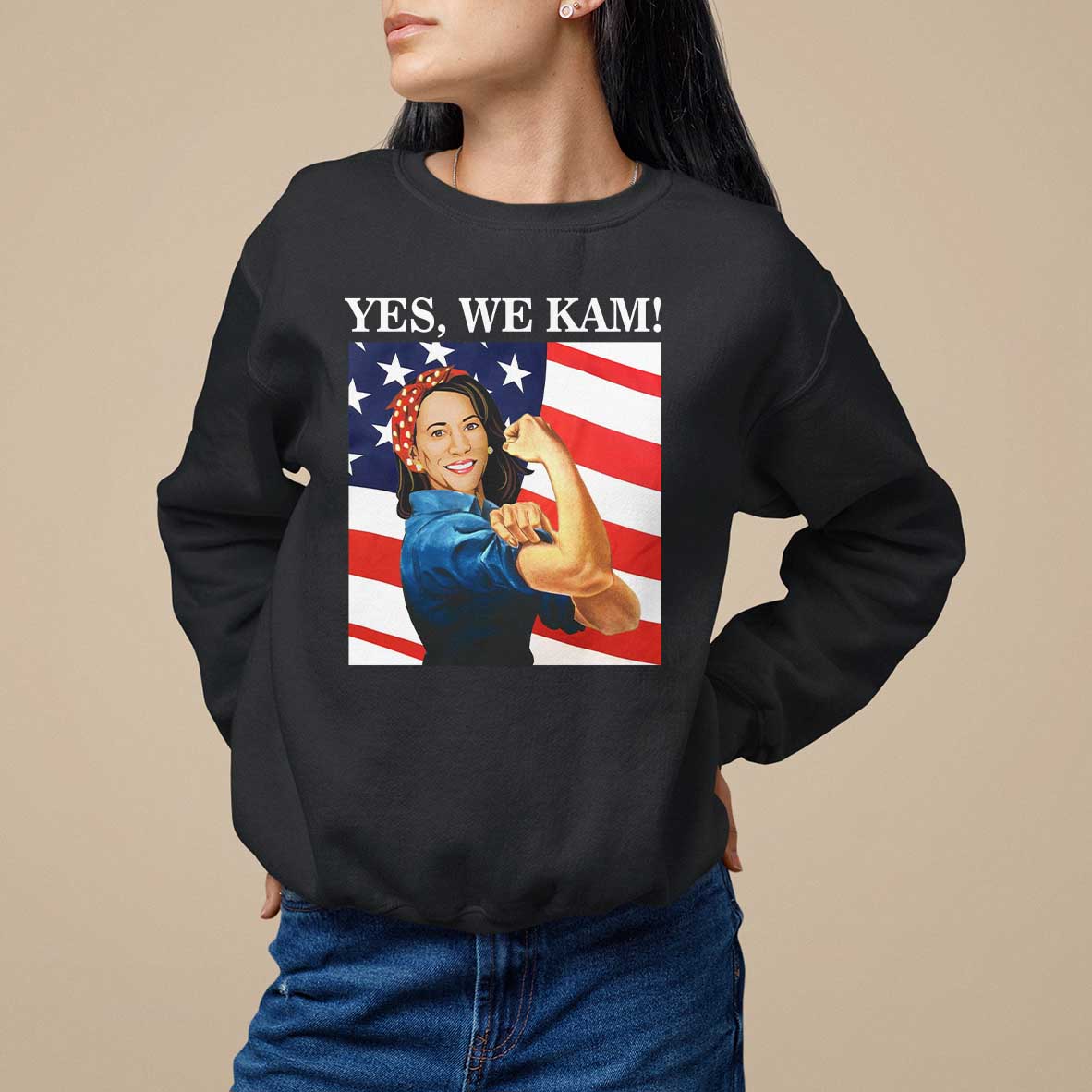 Harris 2024 Sweatshirt Yes We Kam Strong Woman American Flag - Wonder Print Shop
