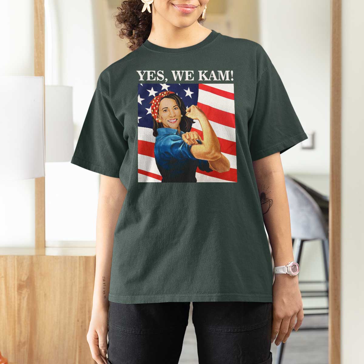 Harris 2024 T Shirt For Women Yes We Kam Strong Woman American Flag - Wonder Print Shop