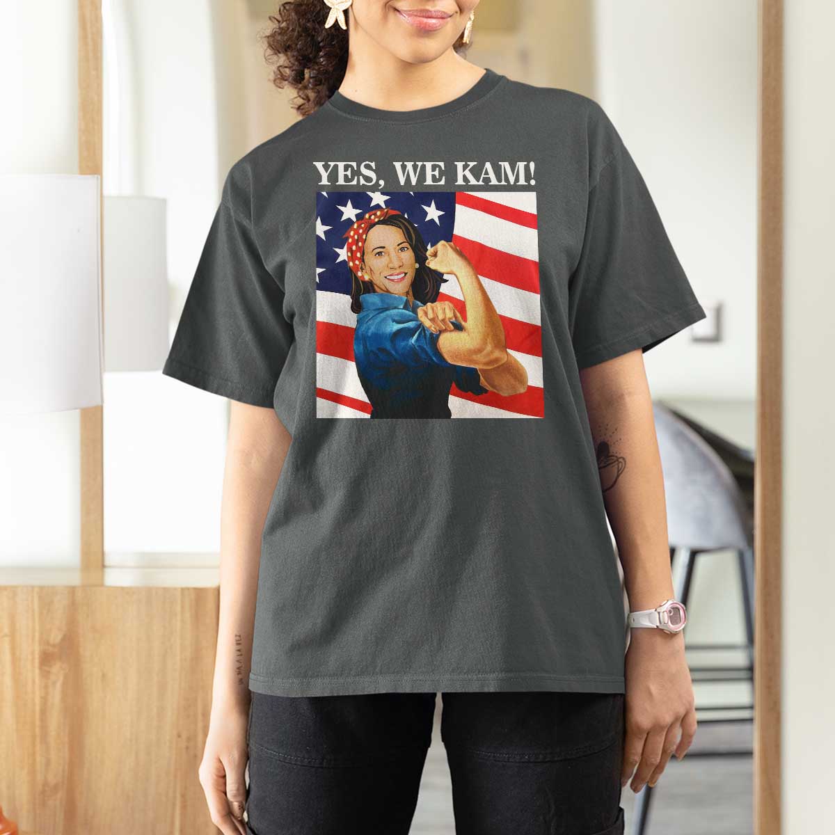 Harris 2024 T Shirt For Women Yes We Kam Strong Woman American Flag - Wonder Print Shop