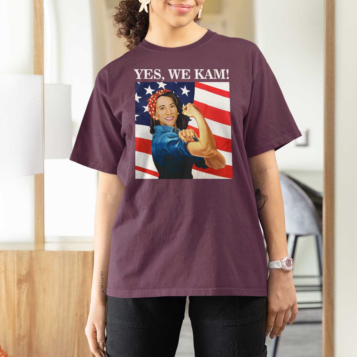 Harris 2024 T Shirt For Women Yes We Kam Strong Woman American Flag - Wonder Print Shop