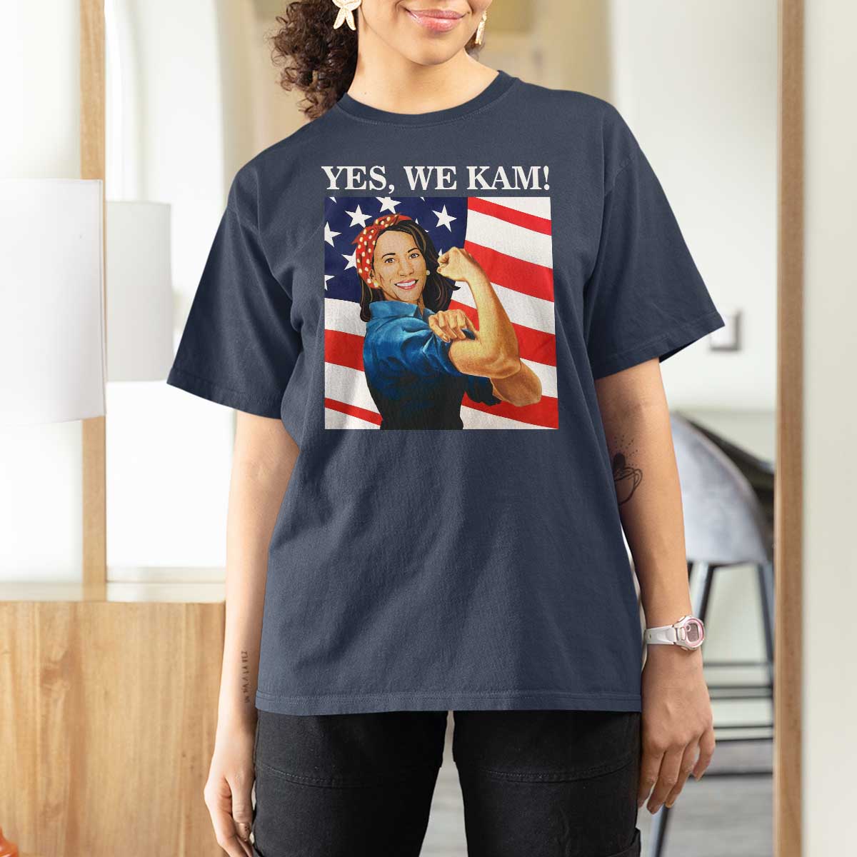 Harris 2024 T Shirt For Women Yes We Kam Strong Woman American Flag - Wonder Print Shop