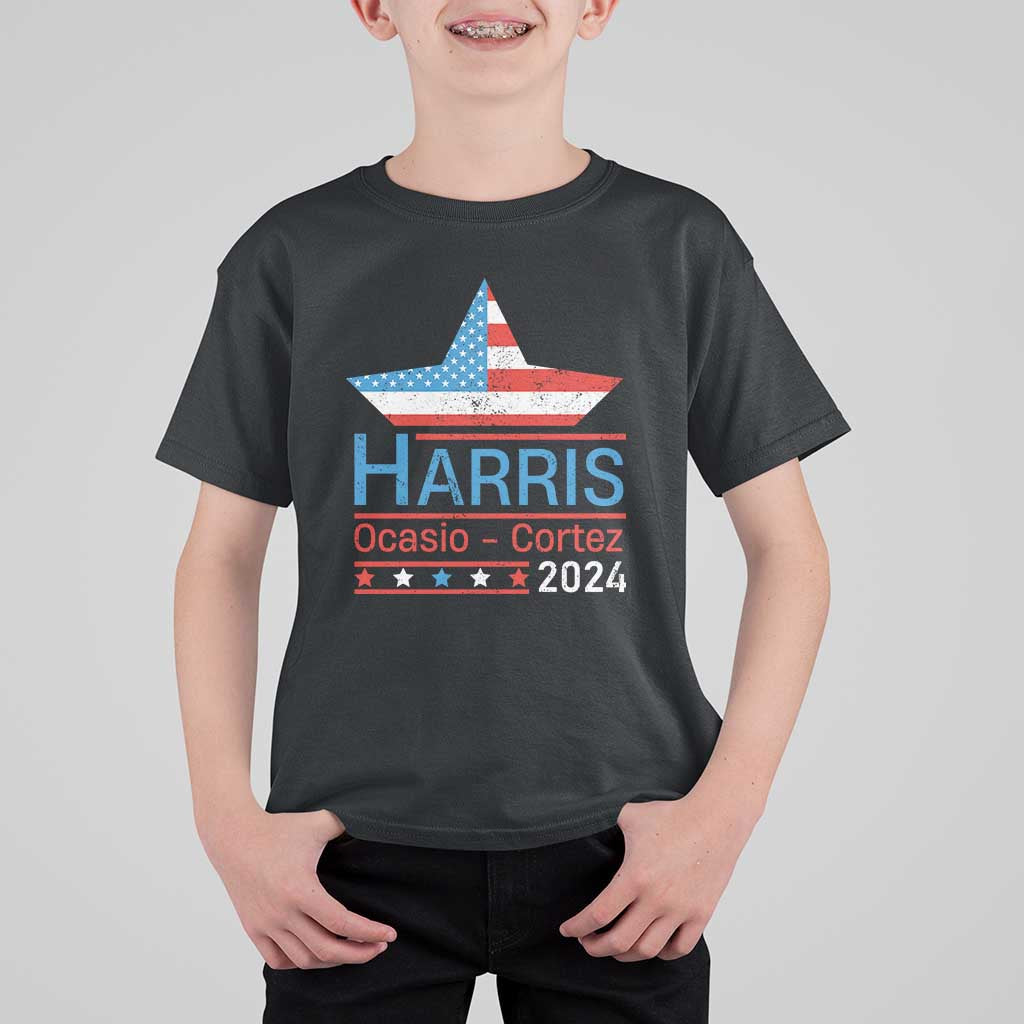 Harris Ocasio Cortez 2024 T Shirt For Kid American Flag Election Star - Wonder Print Shop