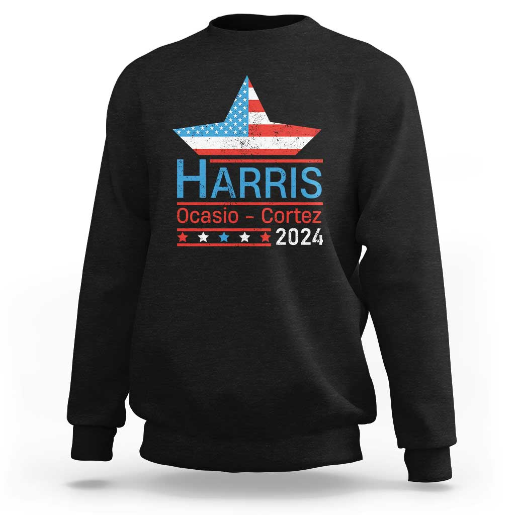 Harris Ocasio Cortez 2024 Sweatshirt American Flag Election Star - Wonder Print Shop