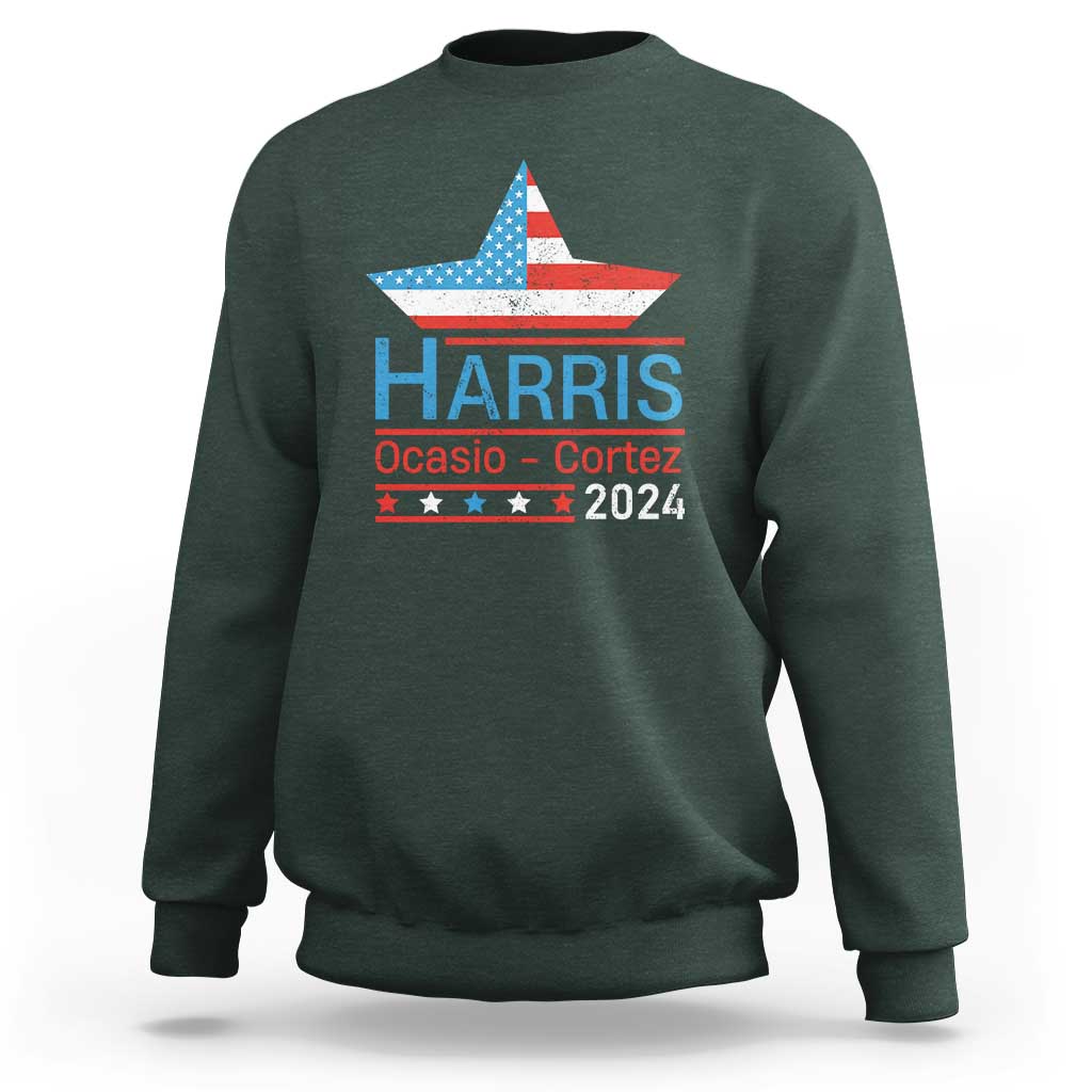 Harris Ocasio Cortez 2024 Sweatshirt American Flag Election Star - Wonder Print Shop
