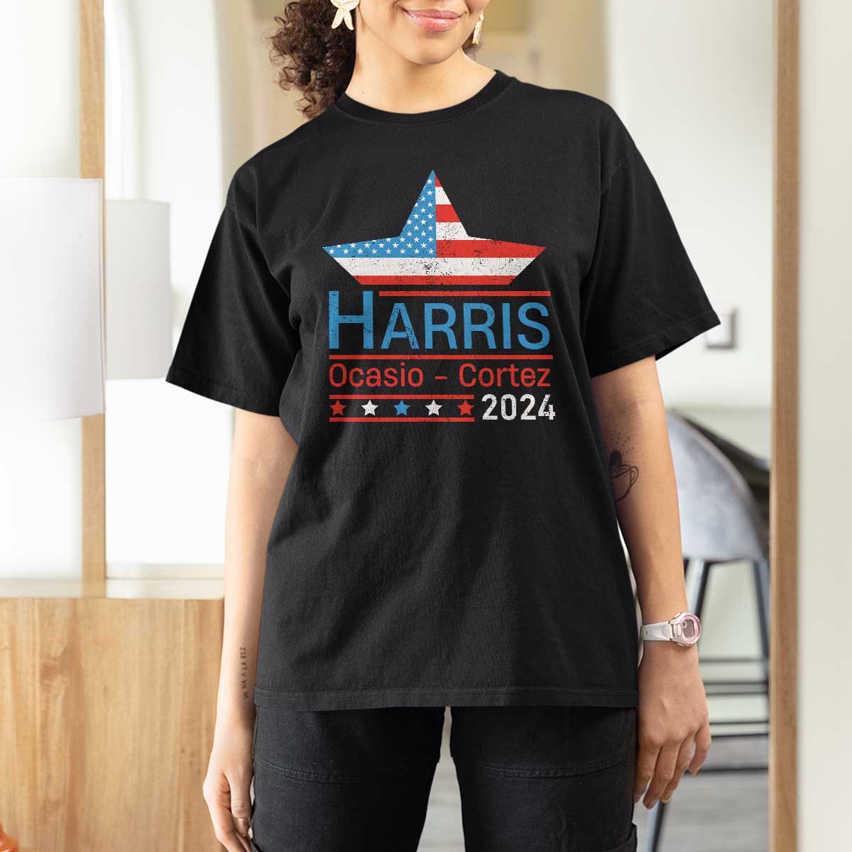 Harris Ocasio Cortez 2024 T Shirt For Women American Flag Election Star - Wonder Print Shop