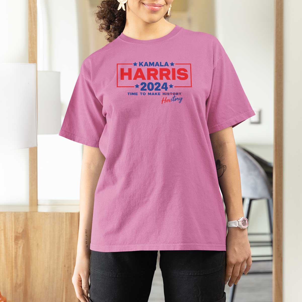 Harris 2024 Time To Make Herstory T Shirt For Women American Flag Election Star - Wonder Print Shop