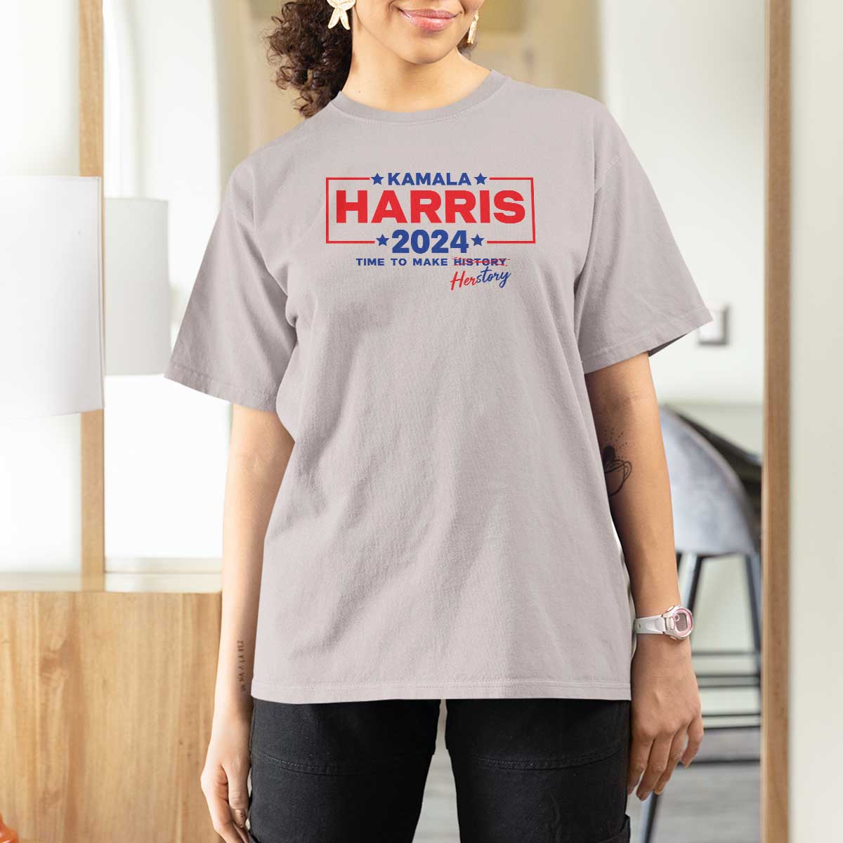 Harris 2024 Time To Make Herstory T Shirt For Women American Flag Election Star - Wonder Print Shop