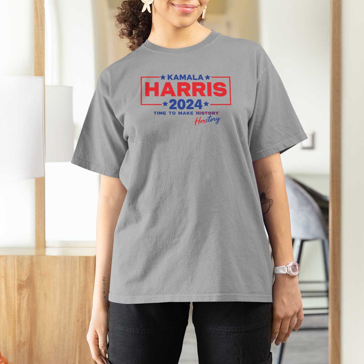 Harris 2024 Time To Make Herstory T Shirt For Women American Flag Election Star - Wonder Print Shop