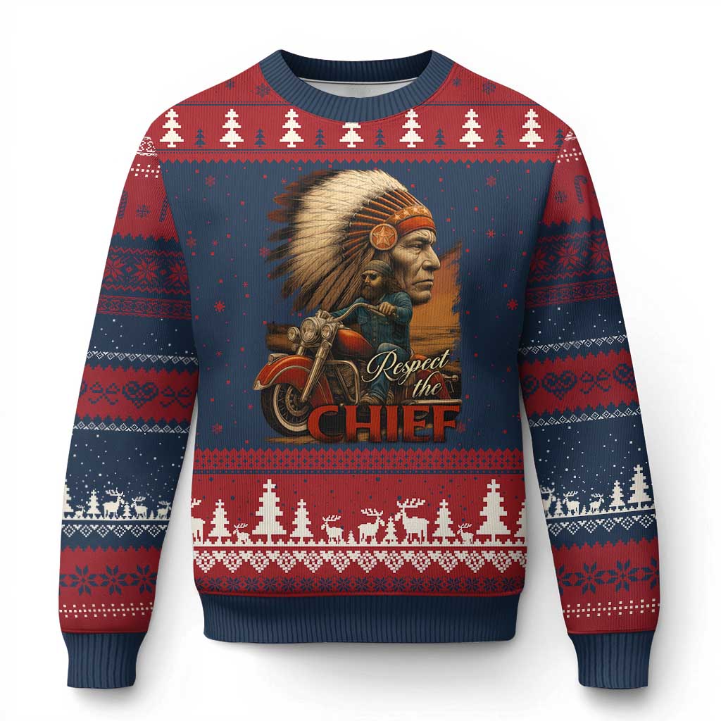 Indian American Rider Ugly Christmas Sweater Respect The Native Chief Native American Motorcycle - Wonder Print Shop