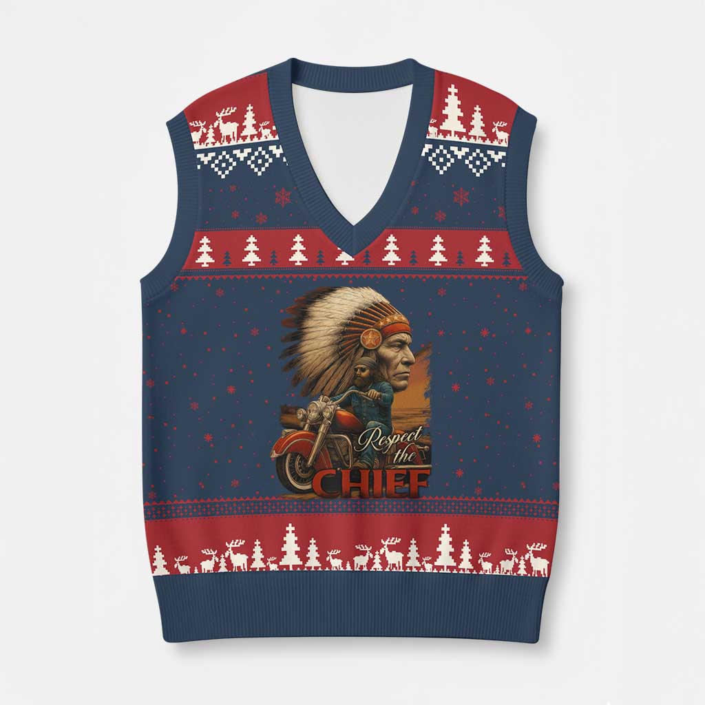 Indian American Rider V-Neck Knit Sweater Vest Respect The Native Chief Native American Motorcycle - Wonder Print Shop