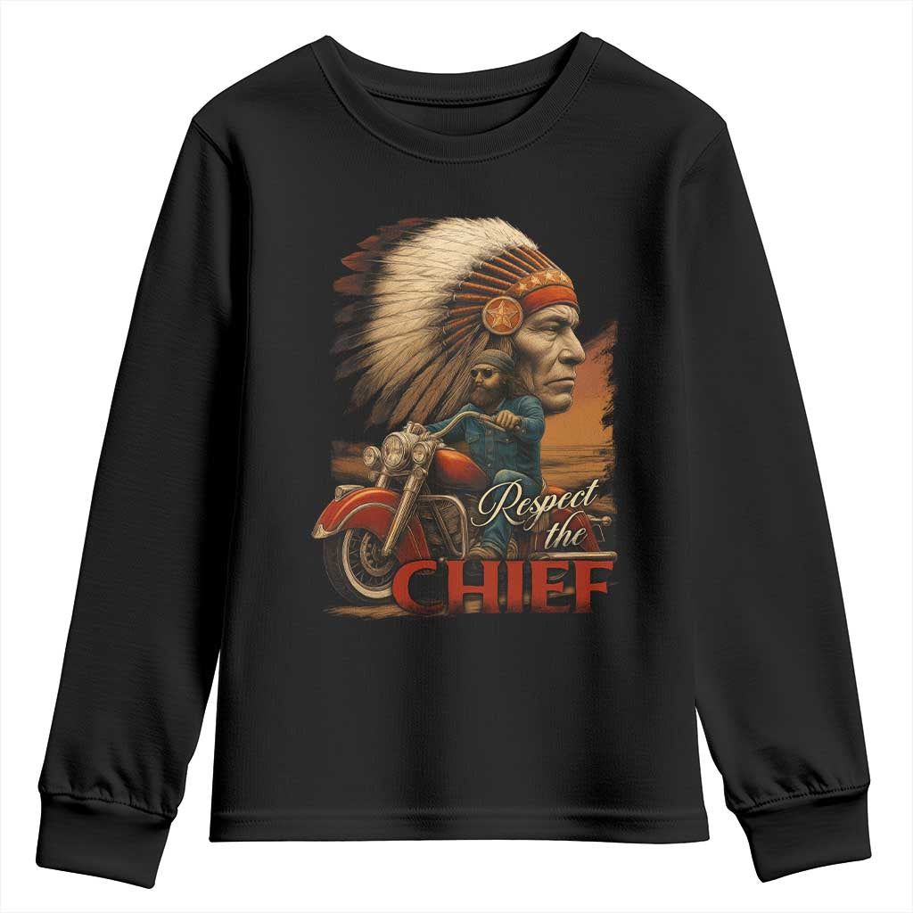 Indian American Rider Youth Sweatshirt Respect The Native Chief Native American Motorcycle - Wonder Print Shop