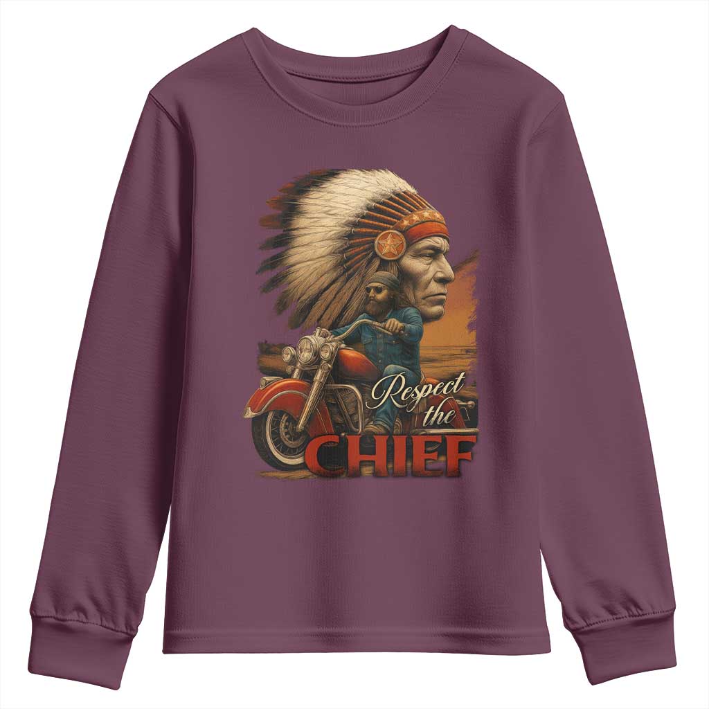 Indian American Rider Youth Sweatshirt Respect The Native Chief Native American Motorcycle - Wonder Print Shop