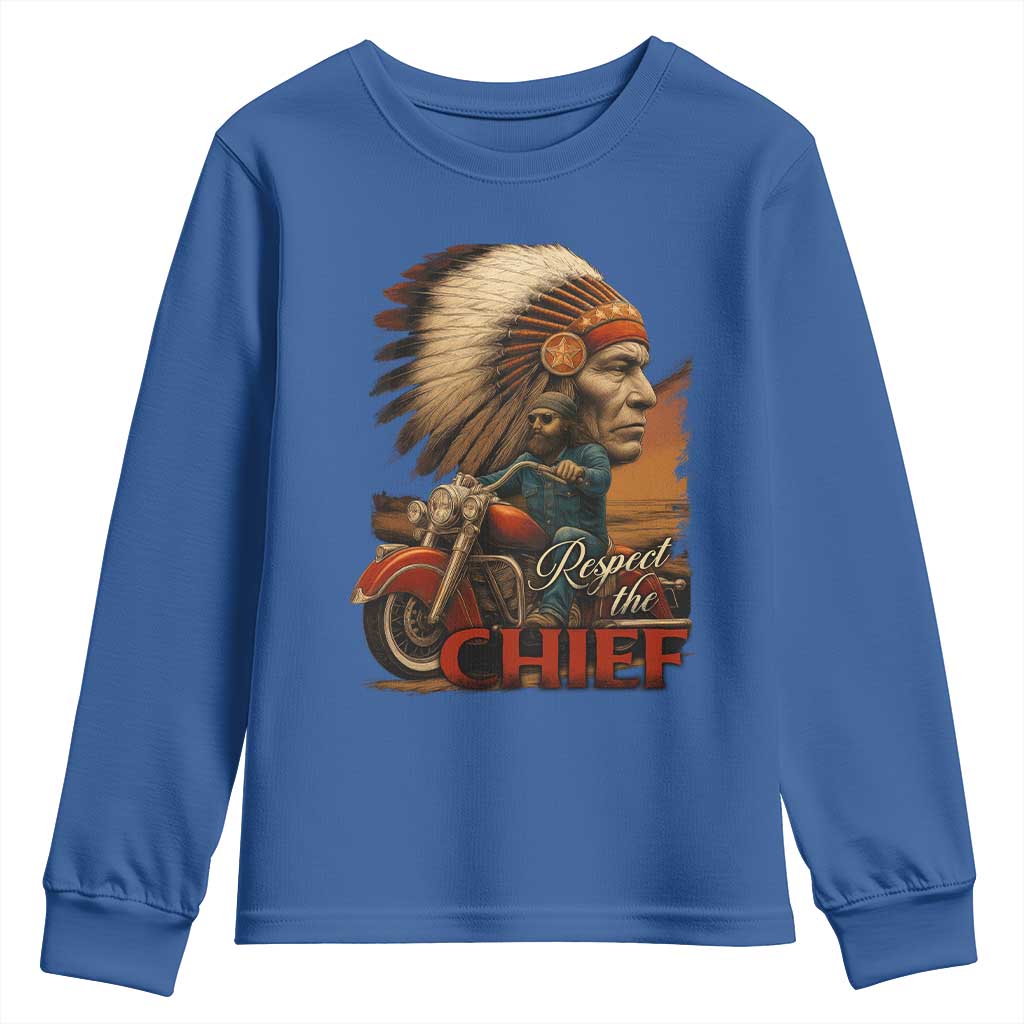 Indian American Rider Youth Sweatshirt Respect The Native Chief Native American Motorcycle - Wonder Print Shop